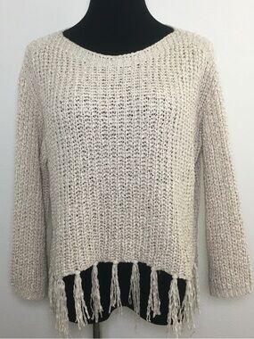 Altar’d State | Bulky Crocheted Cream Sweater with Fringe-Hem